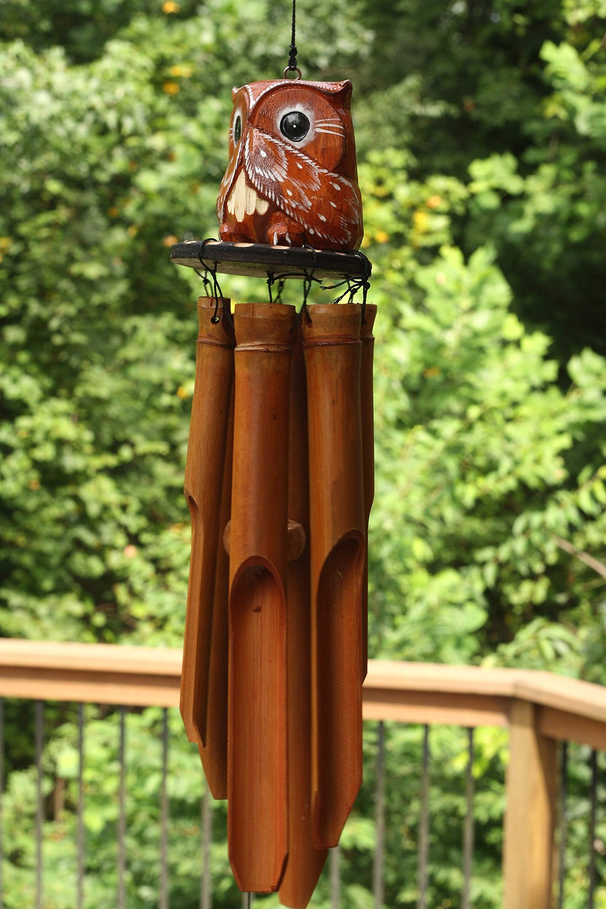 Handmade Wooden Owl Bamboo Wind Chime Wood Statue Figurine Hoot Sculpture Art Decorative Rustic Patio Garden Outdoor Decor Handcrafted Decoration (Speak No Evil Owl Chime)
