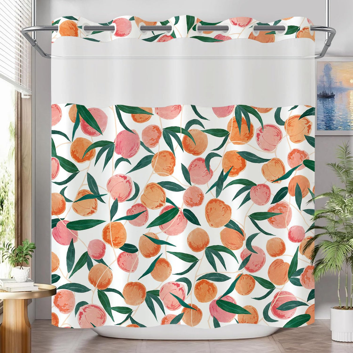 No Hook Shower Curtain with Snap in Liner (Hookless Peach / 72"W x 74"L (Pack of 1))