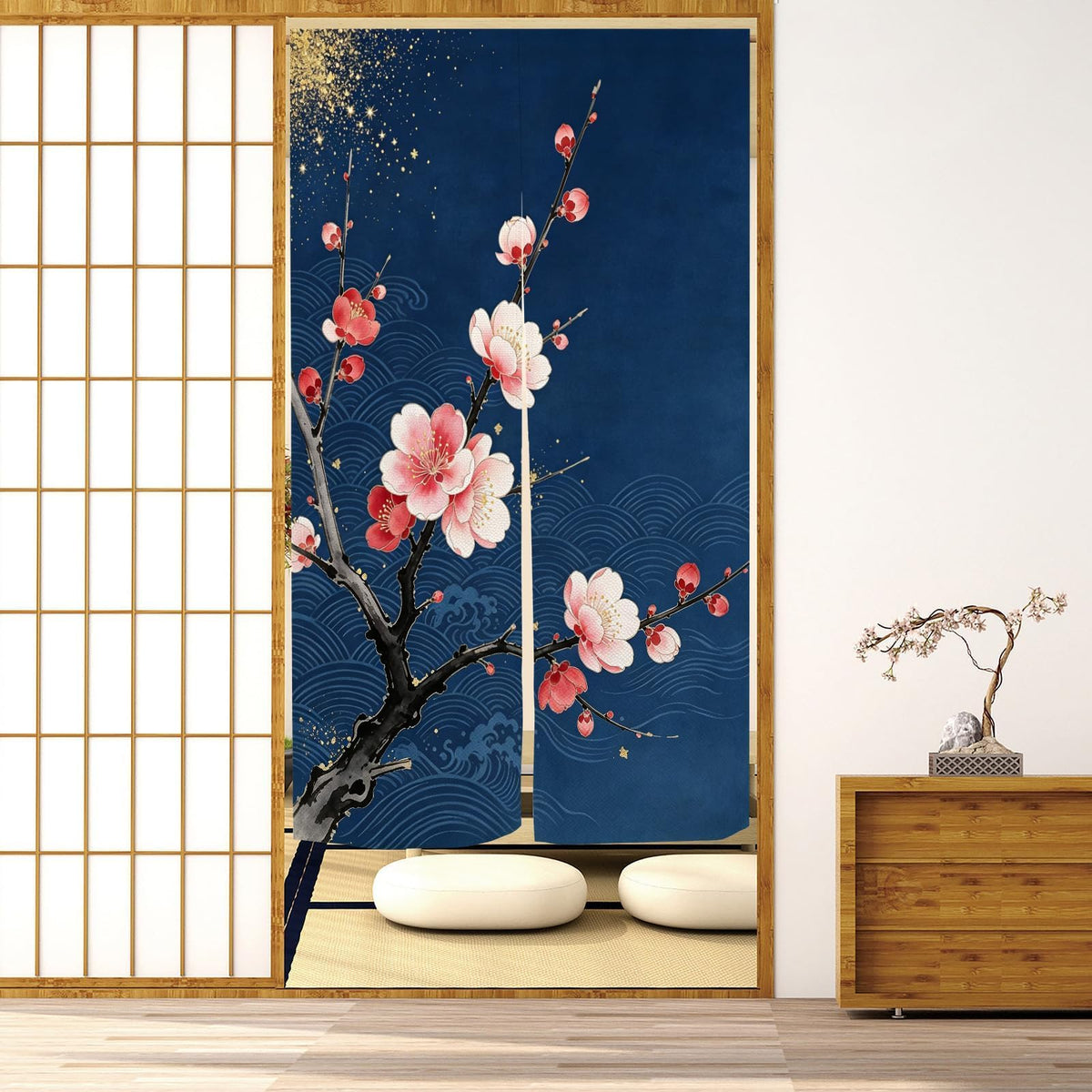 Japanese Noren Doorway Curtain Navy Blue Plum Blossom Wave 33.5x47.2in (Navy Blue / 33.5"W x 47.2"L (Pack of 1))