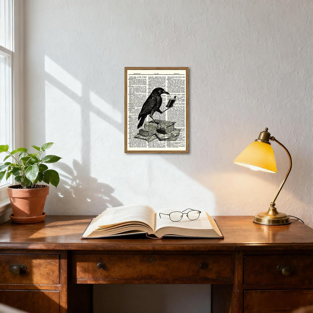 Funny Black Crow Reading Books Wall Art Vintage Raven Wall Decor Picture Dark Academia Animal Poster Canvas Print for Bedroom Living Room 16x24 inch Wood Framed (Animal -P / 24"L x 16"W)