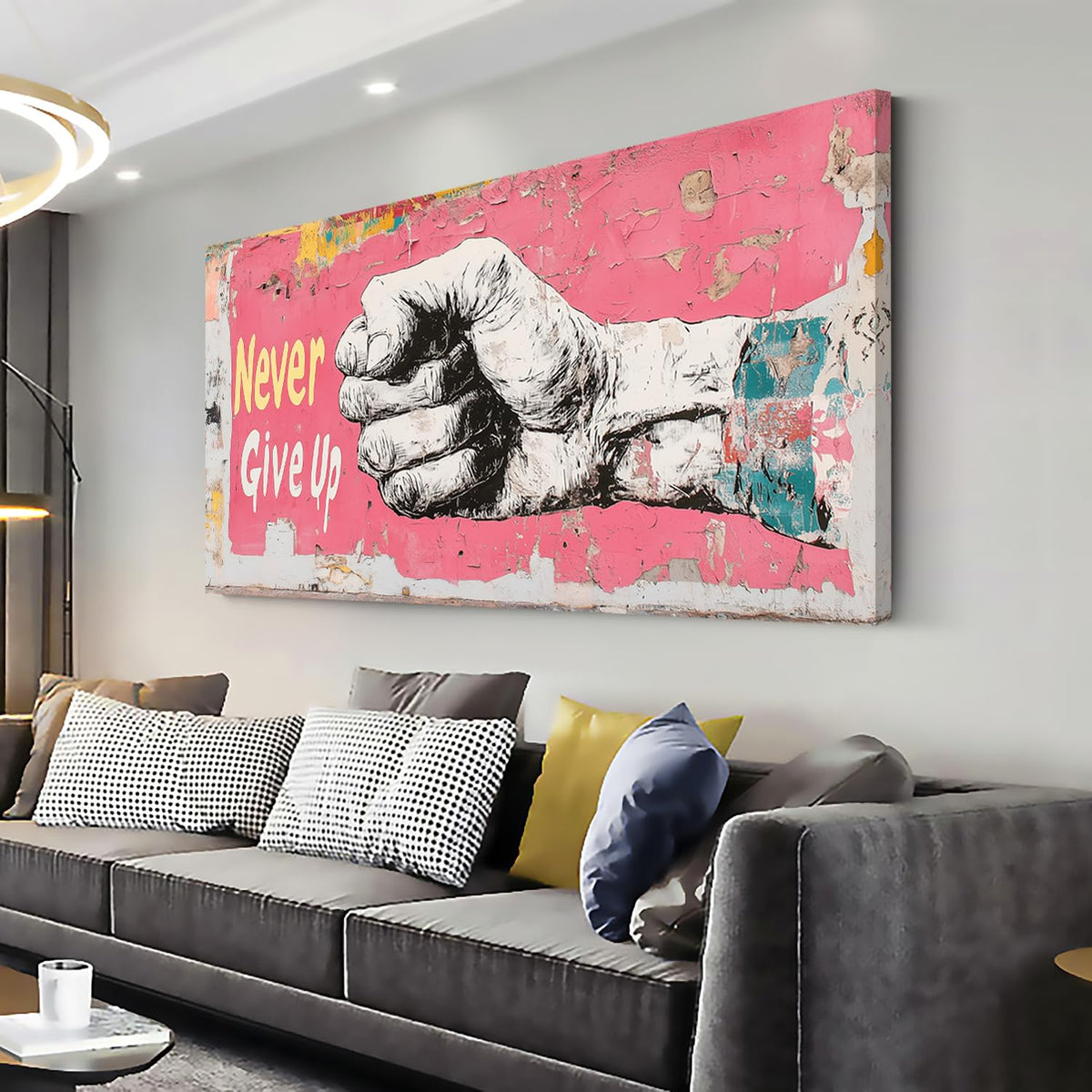 Pink Street Art Never Give Up Wall Art for Living Room Office Urban Motivation Graffiti Mural Painting Prints Inspirational Canvas Artwork Dining Bedroom Decor (Abstract / Pink White Never Give Up Wall Art / 40"L x 20"W)