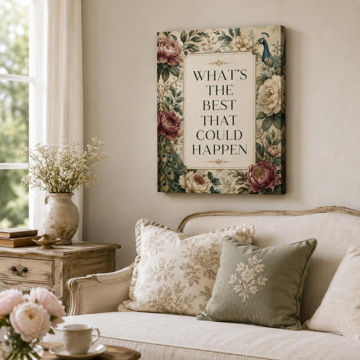 Peacock Floral Framed Canvas Wall Art Vintage Botanical Decor 12x16 Inches (Peacock Floral / 16"L x 12"W)
