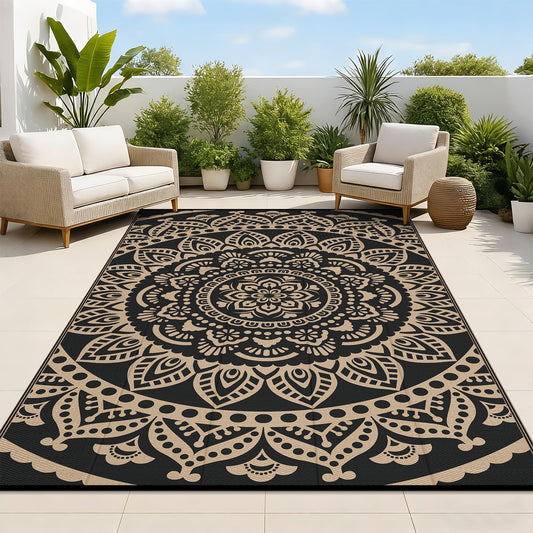 Waterproof Outdoor Rug (Flower Black Gold / 5 x 8 Feet)