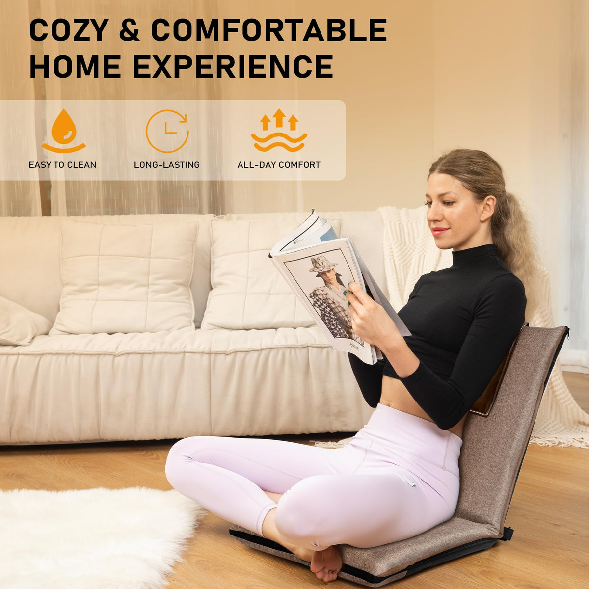 Floor Chair with Back Support Foldable Meditation Seat (Glossy Brown)