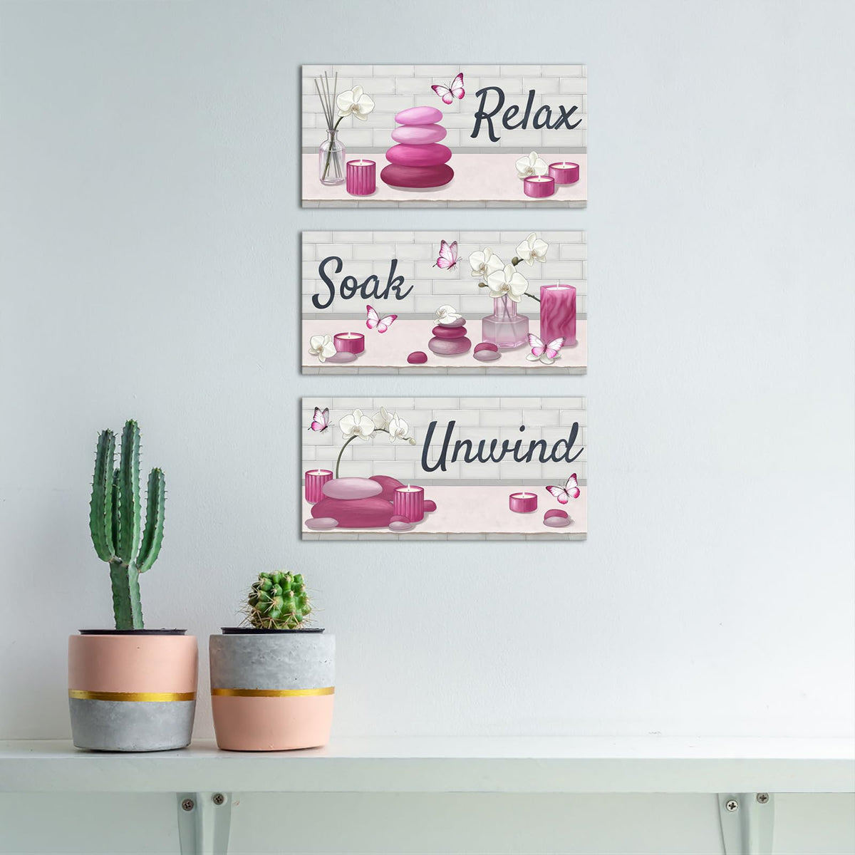 Pink Bathroom Wall Art Zen Pictures Canvas Painting for Zen Meditation Room Wall Decor Framed 8"x16" for Each (Pink)