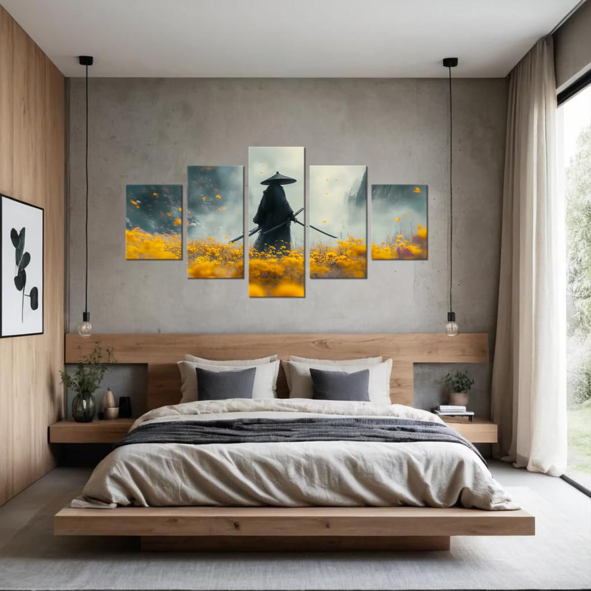 Samurai Wall Art Japanese Warrior Pictures Wall Decor Abstract Canvas Painting Print Artworks for Living Room Bedroom Office Bathroom Master Yellow Framed 5 Piece (60"Wx32"H / Samurai 5P-8)