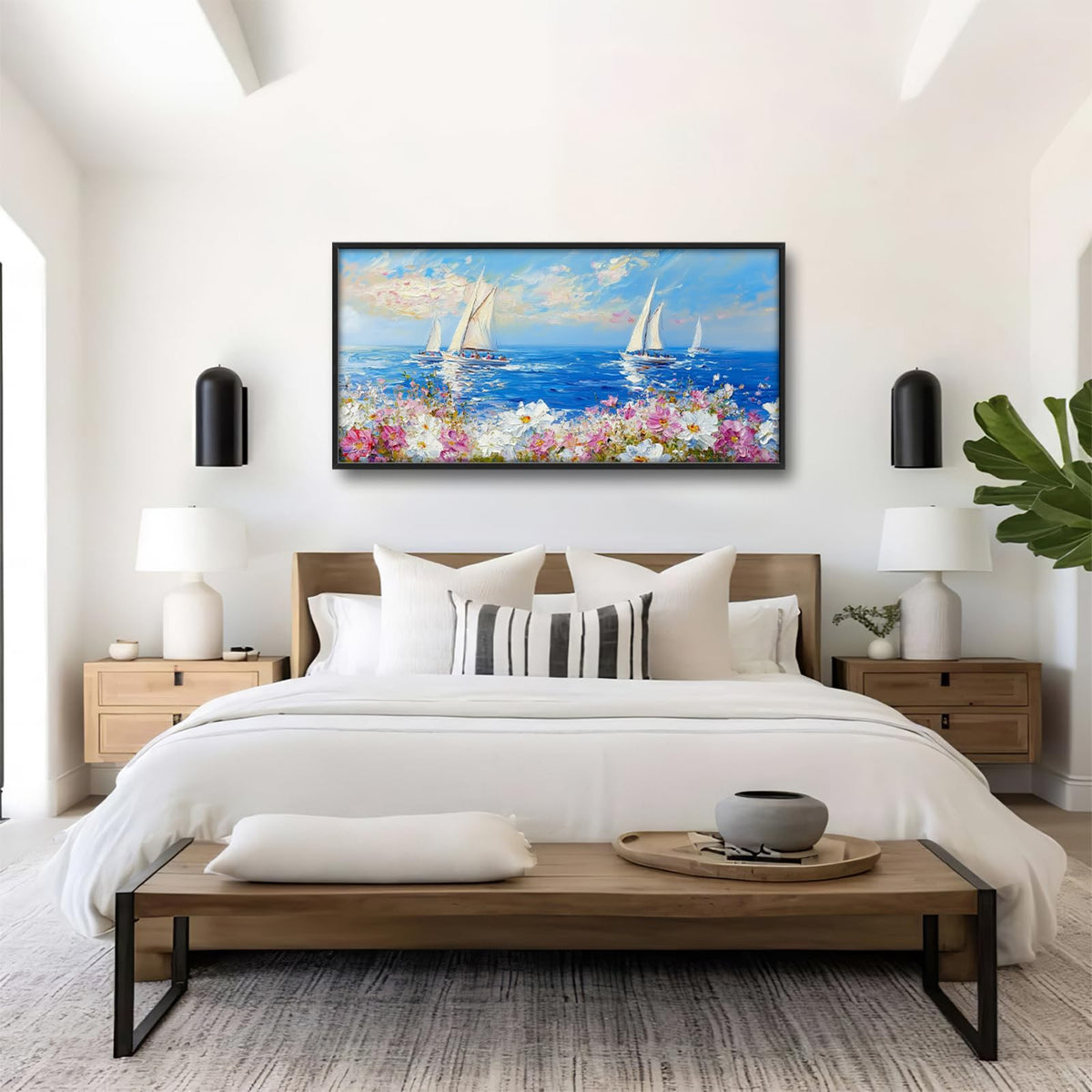 Coastal Sailboat Large Wall Art Ocean Seascape Framed Wall Decor Blossoms Canvas Pictures Nautical Painting for Living Room Dining Room Bedroom 30"x60" (Coastal Sailboat Floral / 60"L x 30"W)