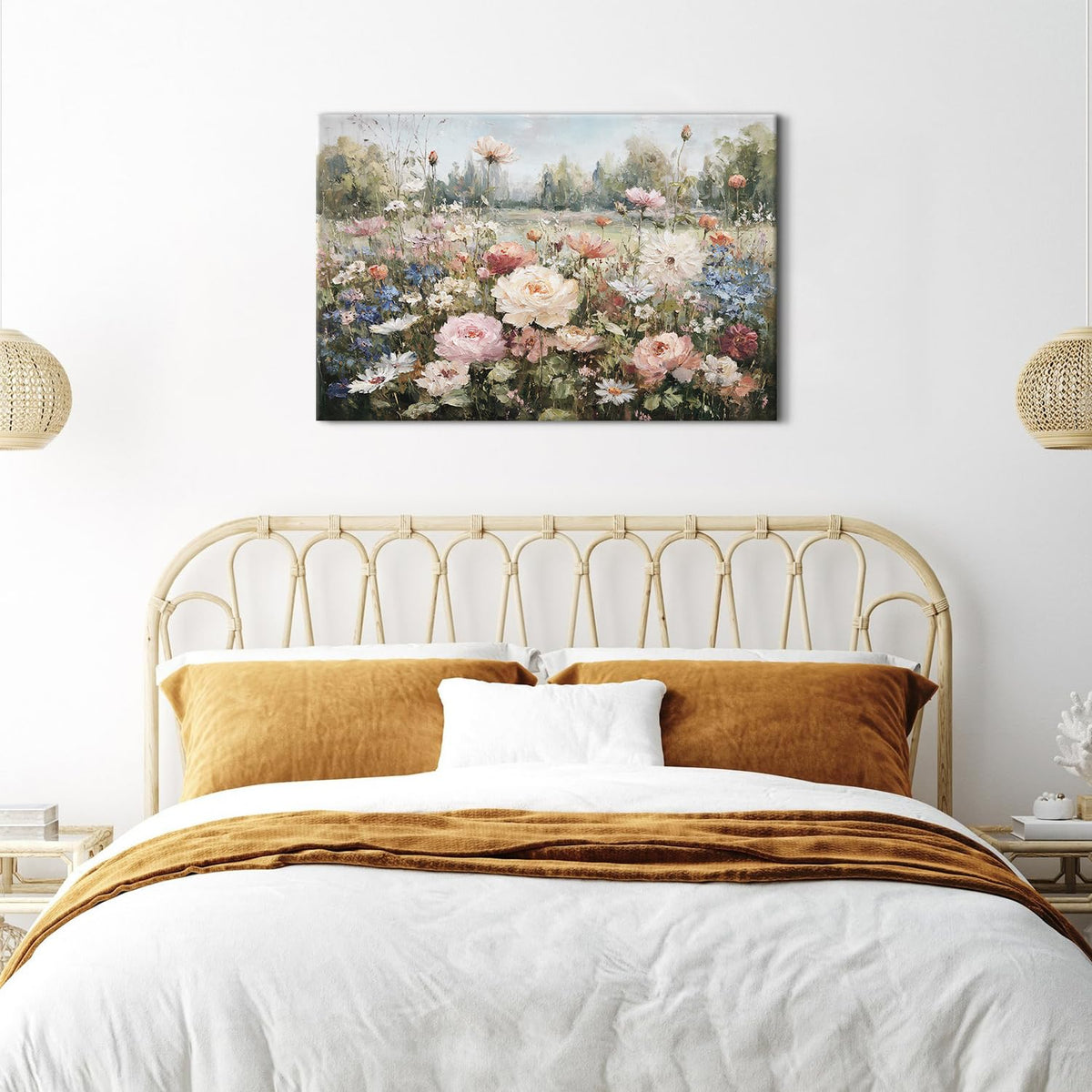 Vintage Wildflowers Wall Art Roses Daisy Canvas Painting for Living Room Farmhouse Colorful Flower Canvas Prints Rustic Country Nature Floral Landscape Artwork for Bedroom Home Decorations 24x36" (36"L x 24"W / Pink Flower)