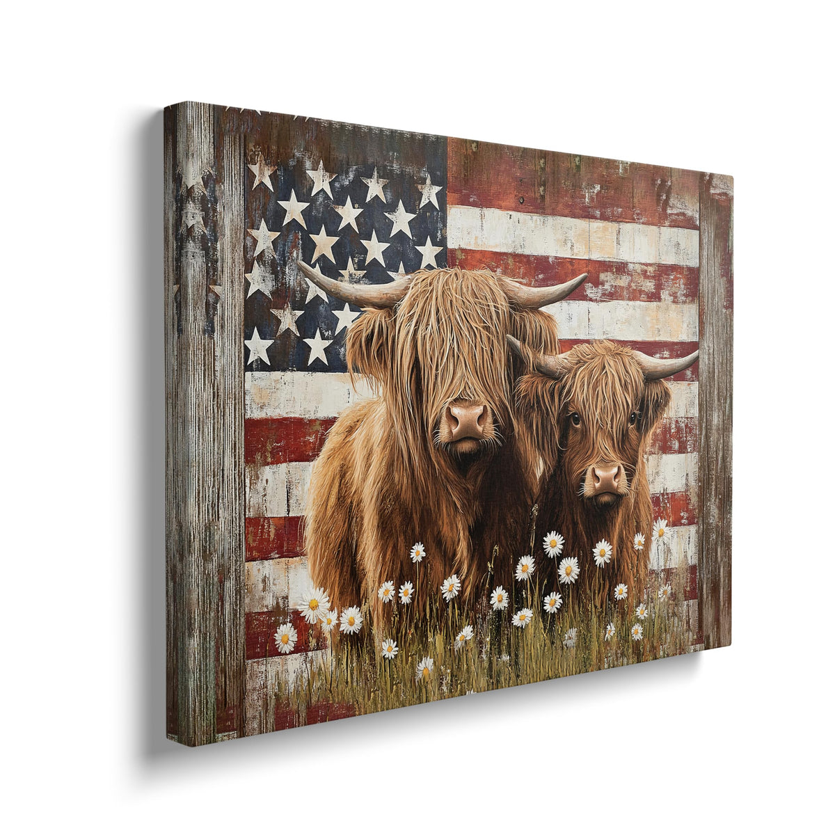 Highland Cow Canvas Wall Art Animal Print Painting Framed ArtWork 12"x16" (Highland Cow-Flag / 16"L x 12"W)