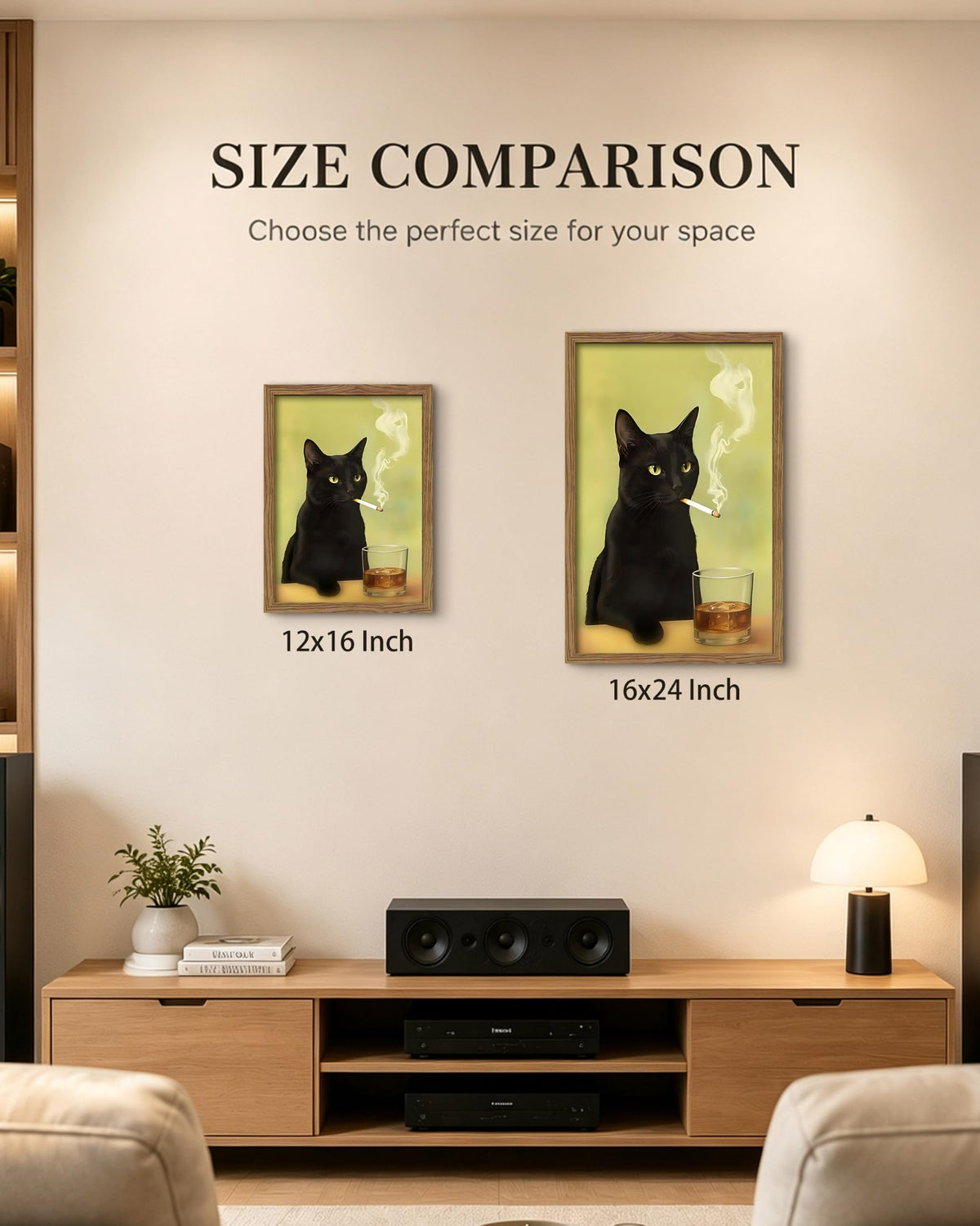 Funny Black Cat Framed Canvas Wall Art (A-Black Cat Smoking / 24"L x 16"W)