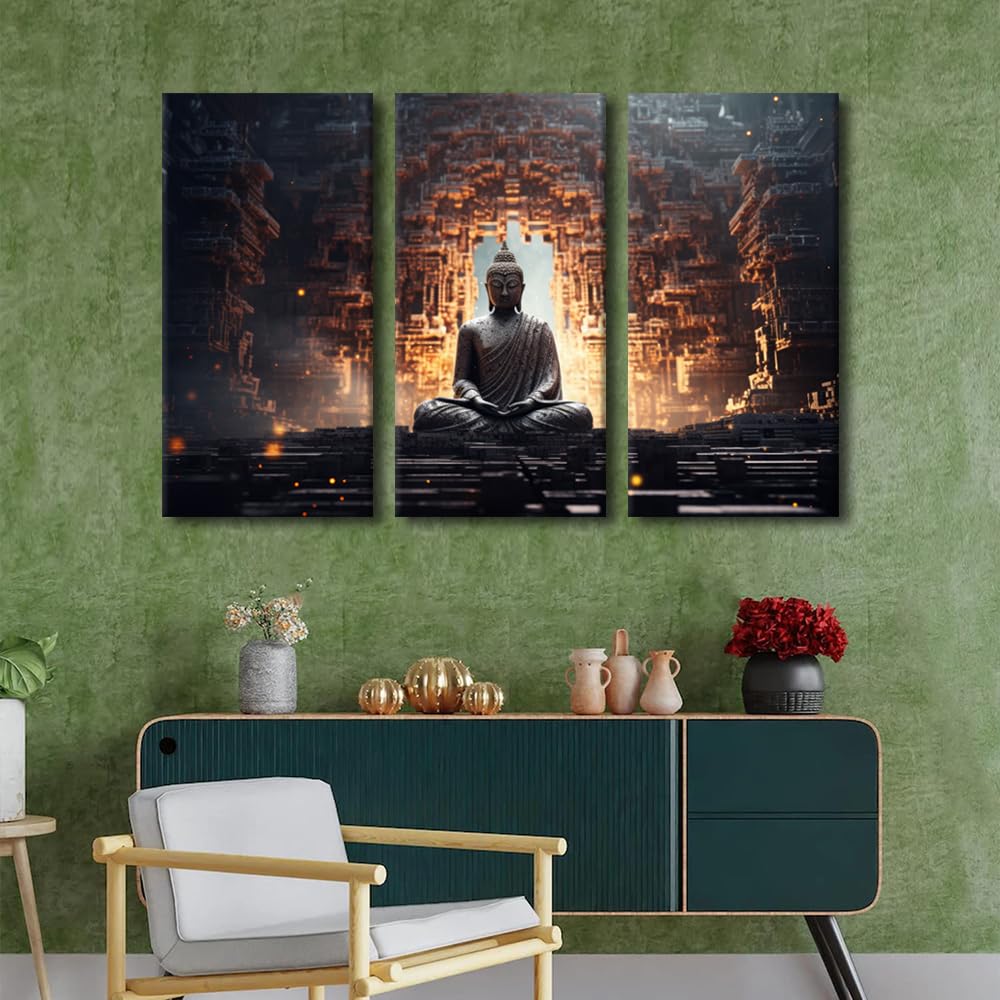 Canvas Wall Art Buddha Canvas Poster Decor Mysterious Ancient Buddha Zen Picture 3 Panel Modern Wall Art Buddhist Believers Living Room Decoration Stretched and Framed Ready to Hang 42x28 in (42x28 in / 3PANEL-10)
