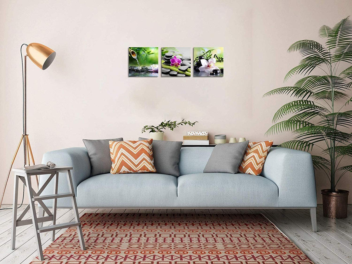 Zen Art 3 Panels Spa Decor Green Bamboo Decor Pink Flowers Picture Canvas Painting Print on Canvas for Home Decor Spa Decor for Bathroom Zen Decor Stretched and Framed Each Panel 20x20inch (20x20inchx3 / Spa Stone with Flowers)