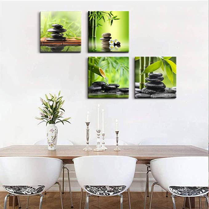 Bathroom Wall Decor Zen Canvas Prints Meditation Picture Painting Green Room Decor Bedroom Wall Art Living Room Yoga Spa Office Artwork Posters Prints Framed Home Decorations12x12x4pcs (Azen green 00 / 12"L x 12"W)