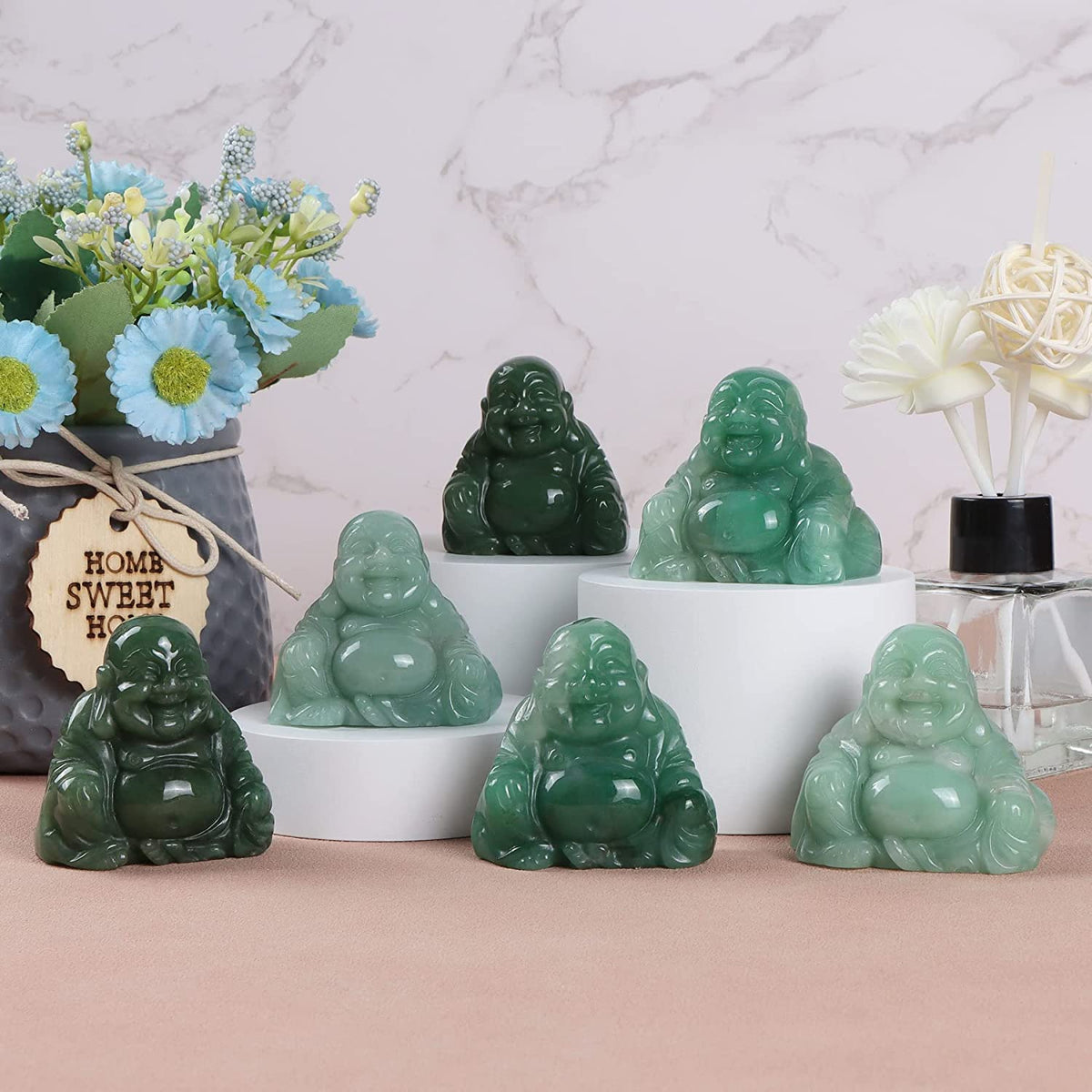 2 Inch Crystal Happy Buddha Statue Hand Carved Laughing Feng Shui Figurines for Good Luck Wealth Happiness Home Decor Gifts (2 inch / Green Aventurine)
