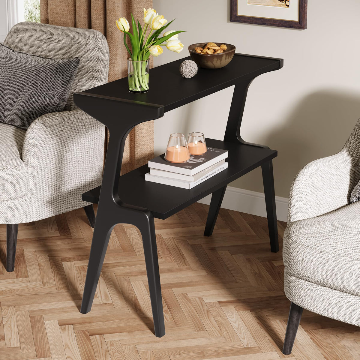 2 Tier Solid Wood Side Table (Black)