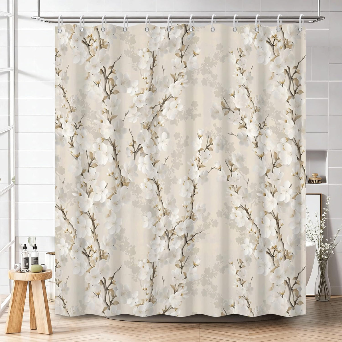White Floral Shower Curtain 74 Inches Long (Floral-b)