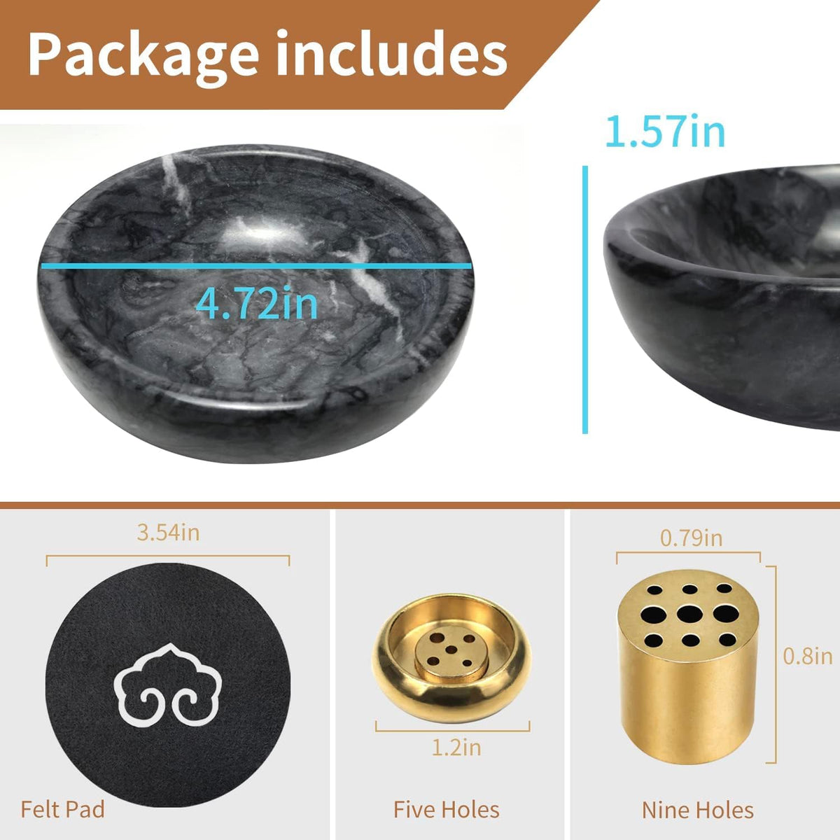 Handmade Natural Marble Incense Holder for Sticks and Cones (Black / Medium)