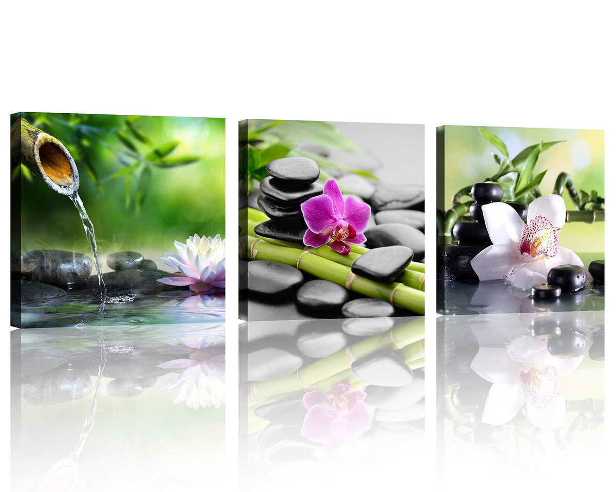 Zen Art 3 Panels Spa Decor Green Bamboo Decor Pink Flowers Picture Canvas Painting Print on Canvas for Home Decor Spa Decor for Bathroom Zen Decor Stretched and Framed Each Panel 20x20inch (20x20inchx3 / Spa Stone with Flowers)