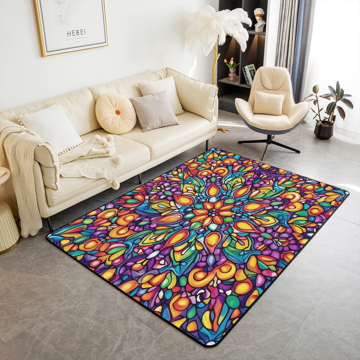 Vintage Mandala Large Area Rug 5x7 Bohemian Style Watercolor Flowers Living Room Rug (Orange Purple Green / 4'11" x 6'6" (Rectangular))