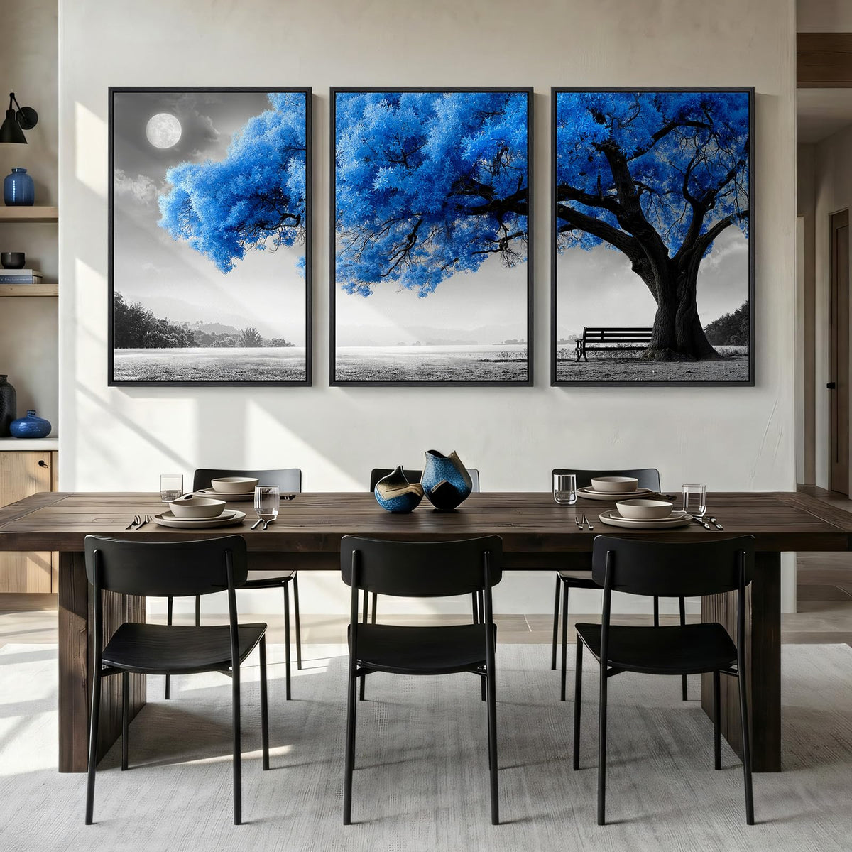 Large Framed Blue Black and White Tree Wall Art for Living Room (Klein Blue / 24" W x 36" H x 3Pcs)