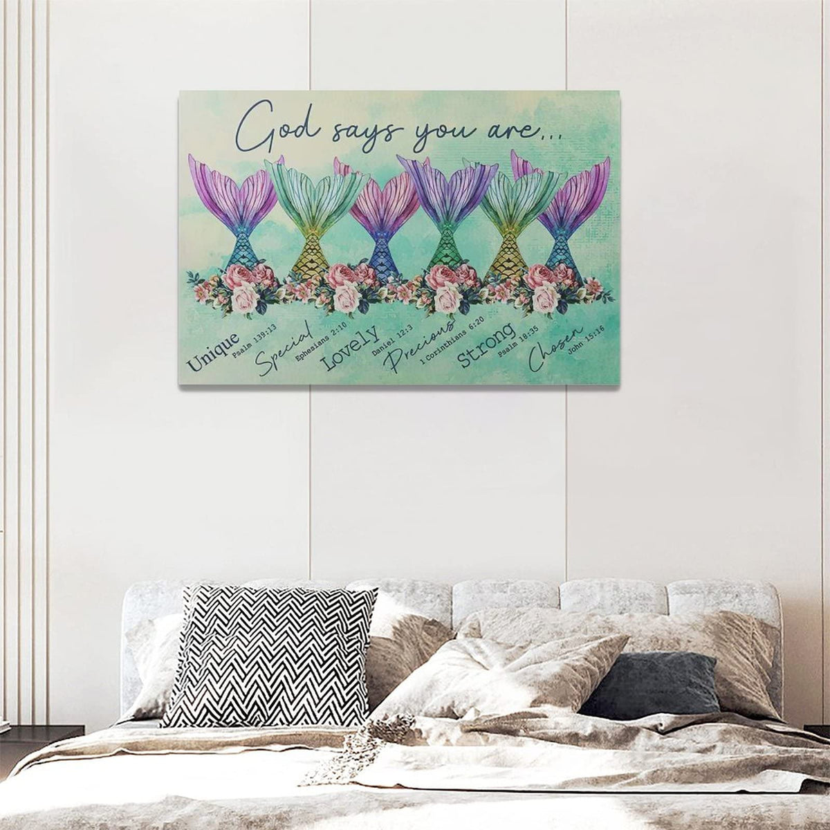 Mermaid Wall Art Little Girls Room Decor Canvas Prints Painting Teal Bathroom Bedroom Pictures Framed Artwork Gifts Office Home Decorations 24"x16" (24"L x 16"W / Colorful Mermaid Tail)