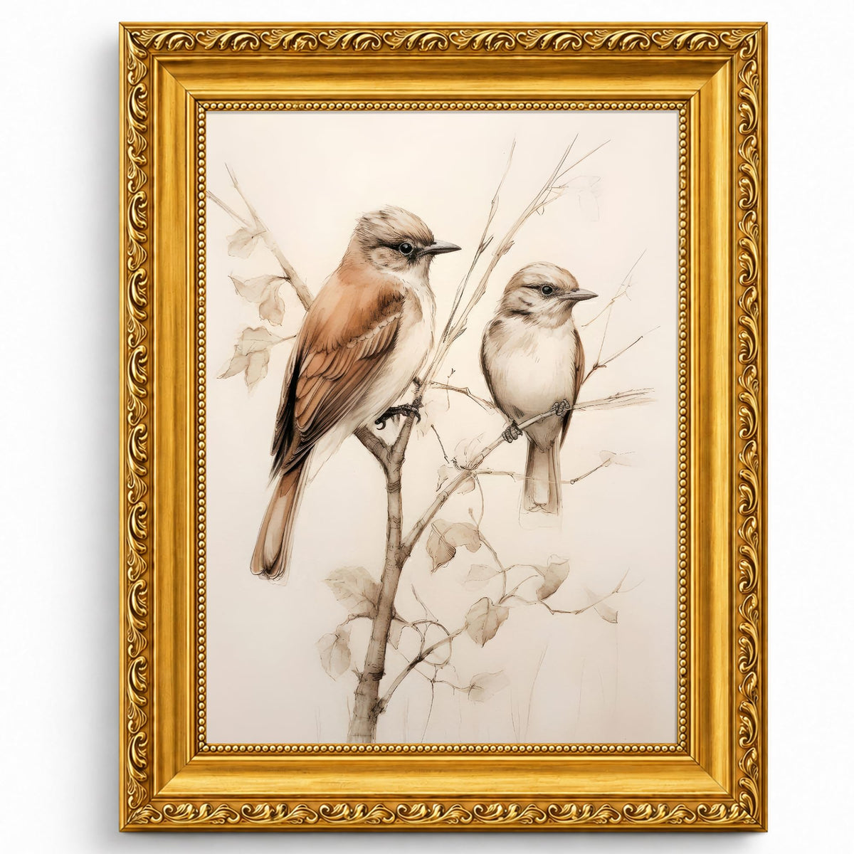 Gold Framed Bird Canvas Wall Art Vintage Birds Wall Decor Aesthetic Sparrow on Branch Painting Picture Rustic Farmhouse for Living Room Kitchen Bedroom Decor 9X11in (Neutral birds / 11L" x 9W")