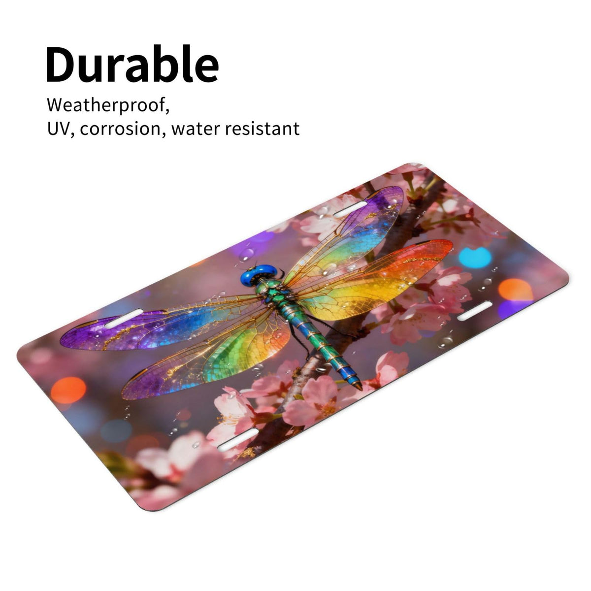 Colorful Dragonfly Plum Blossom Pink Flower Front License Plate Aluminum Decorative License Plates Metal Car Plate 6"X12" Novelty Vanity Tag Cover with 4 Holes Car Decor Accessory (White / 6 X 12 Inch)