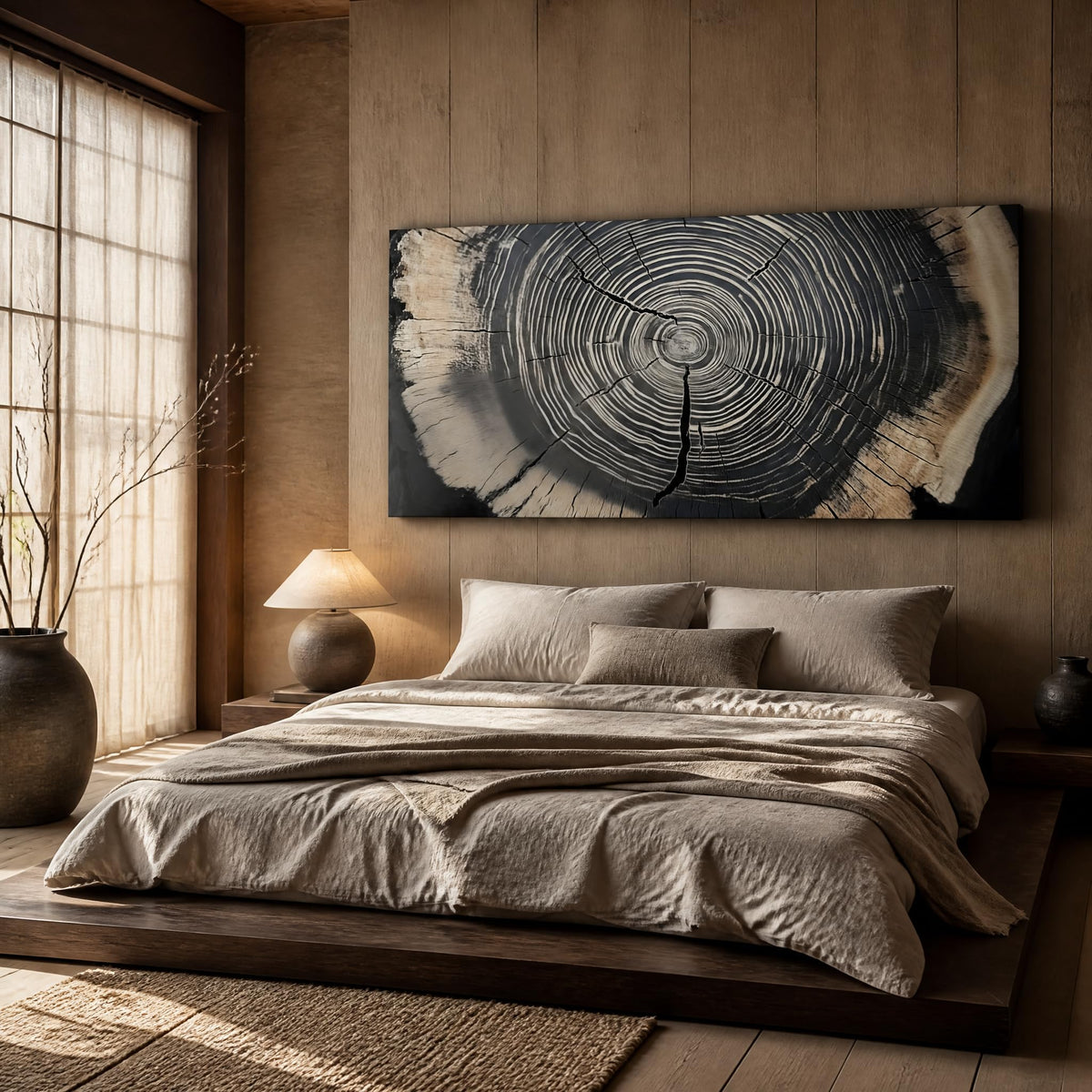Rustic Tree Ring Canvas Wall Art Modern Wood Slice Cross Section Painting Flat Print Gallery Wrapped Nature Artwork for Living Room Bedroom Bathroom Decor (Wildlife / Black Tree Rings 37 / 40"L x 20"W)