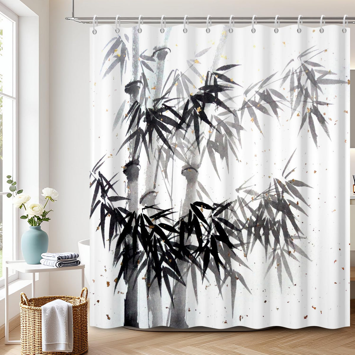 Ink Bamboo Shower Curtain with Hooks (Bamboo / 72"W x 72"L (Pack of 1))