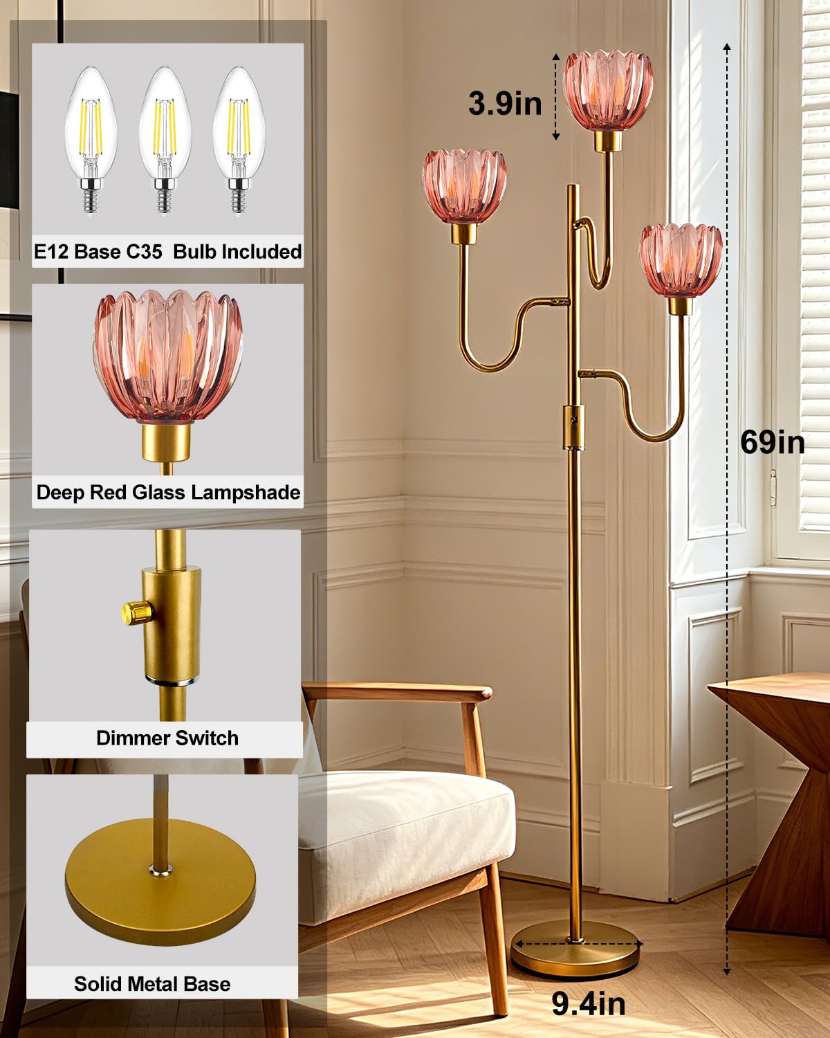 Dimmable Red Glass Floor Lamp Mid Century Modern Gold Floor Lamps with Warm White Bulbs Included 3 (3 Red Tulip-Gold)