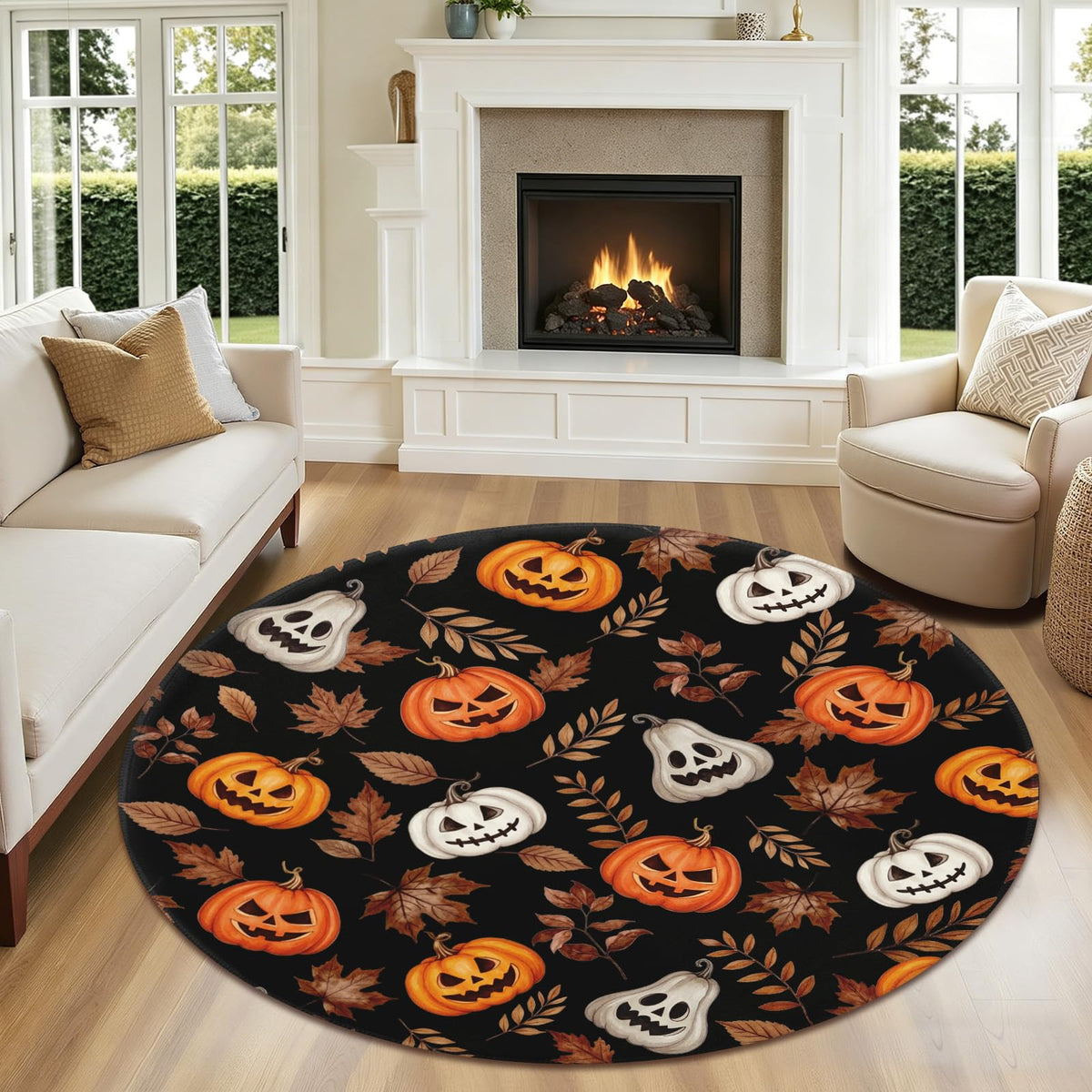 Halloween Round Area Rug 4ft (Spooky-orange White Pumpkin / 4' (Round))