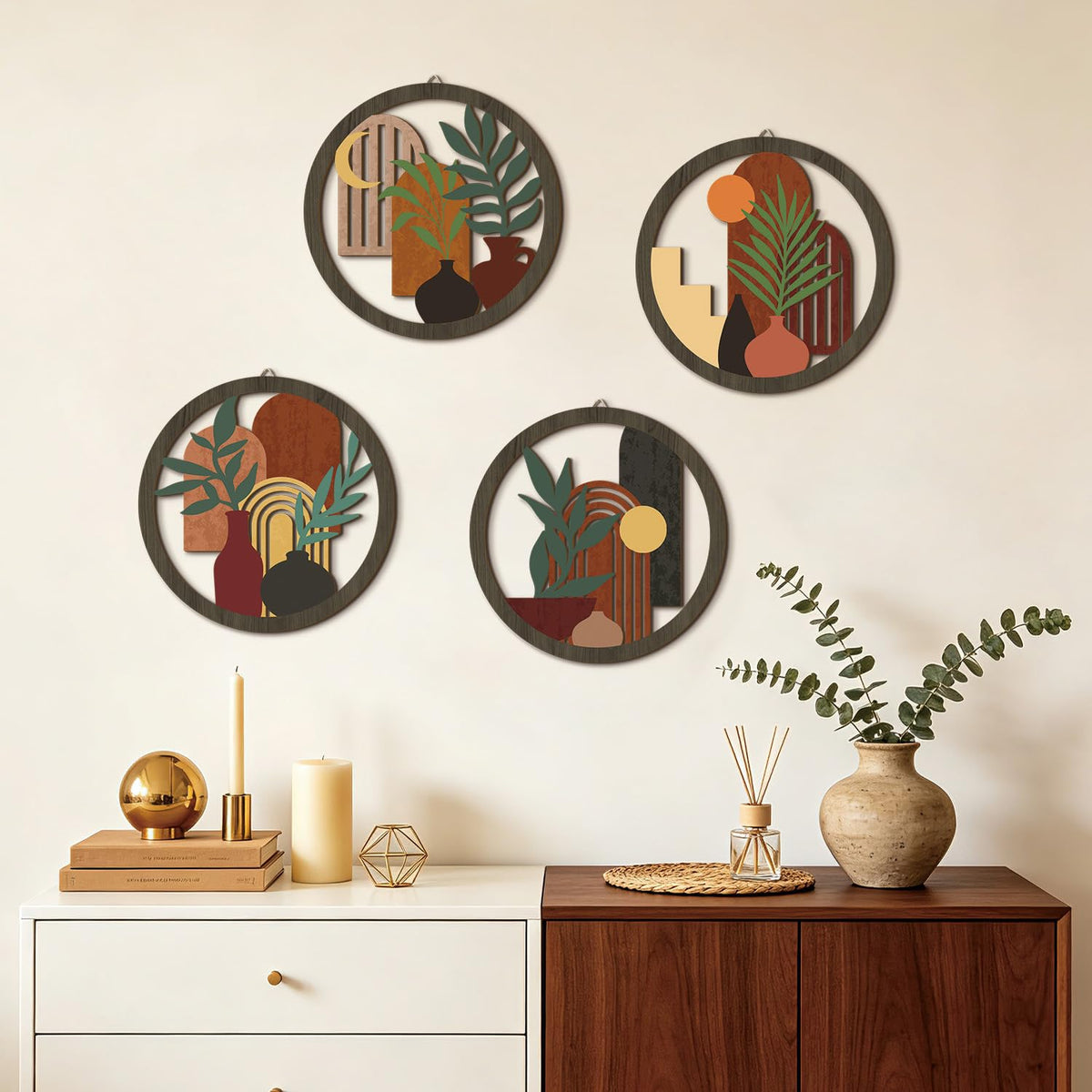 Boho Vase Plant Wooden Wall Art Minimalist Botanical Hanging Sign (4pcs Boho Vase Plant Wooden Wall Art)