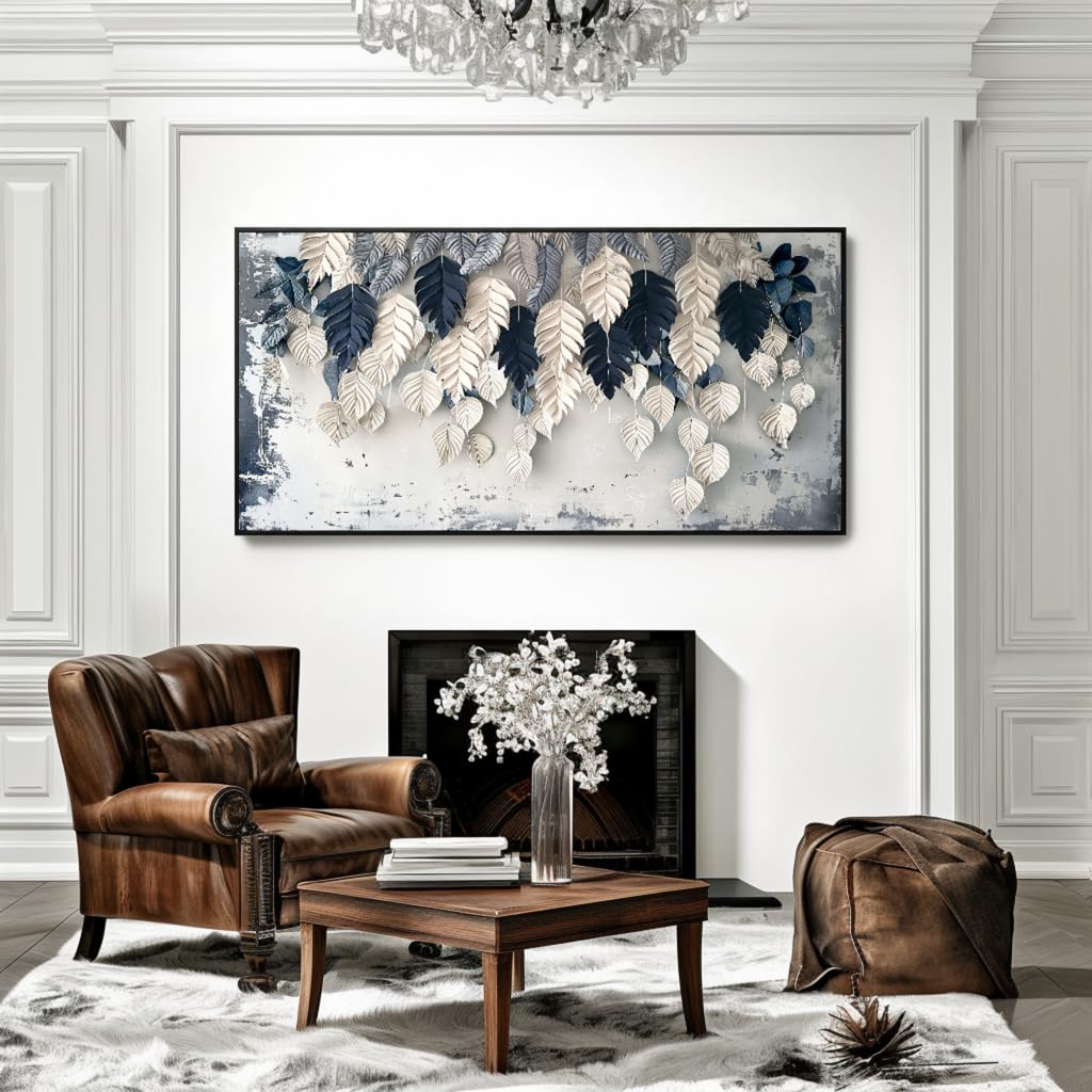Botanical Leaf Wall Art White Blue Modern Framed Canvas Decor 30"x60" (58"L x 29"W / Leaf 01)