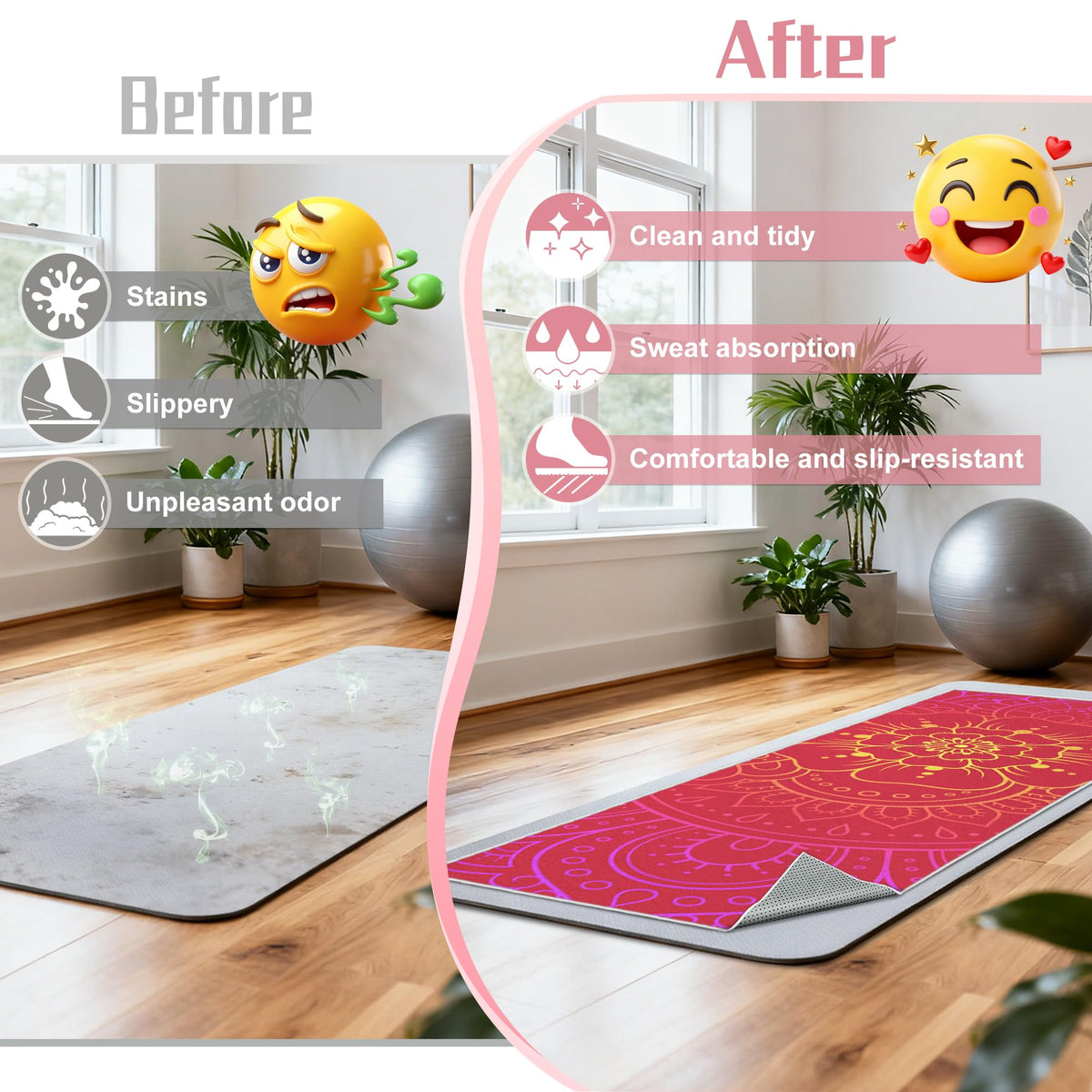 Yoga Towel Absorbent Yoga Mat Towel for Hot Yoga Non Slip (Red Flowers / Casual)