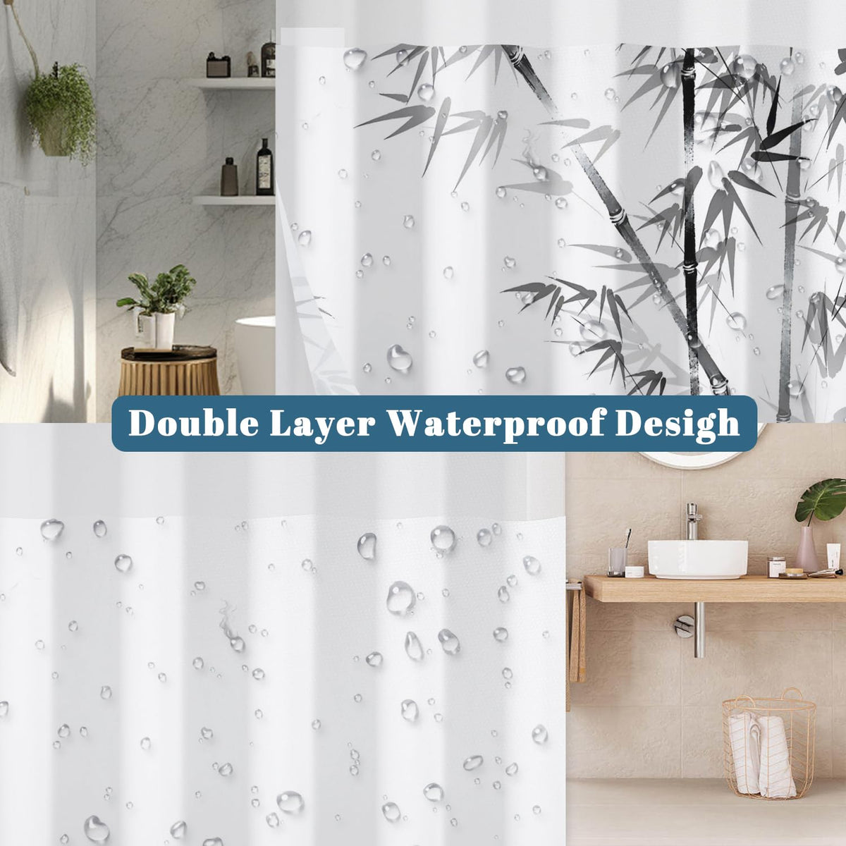 Bamboo No Hook Shower Curtain with Snap in Liner (Bamboo)