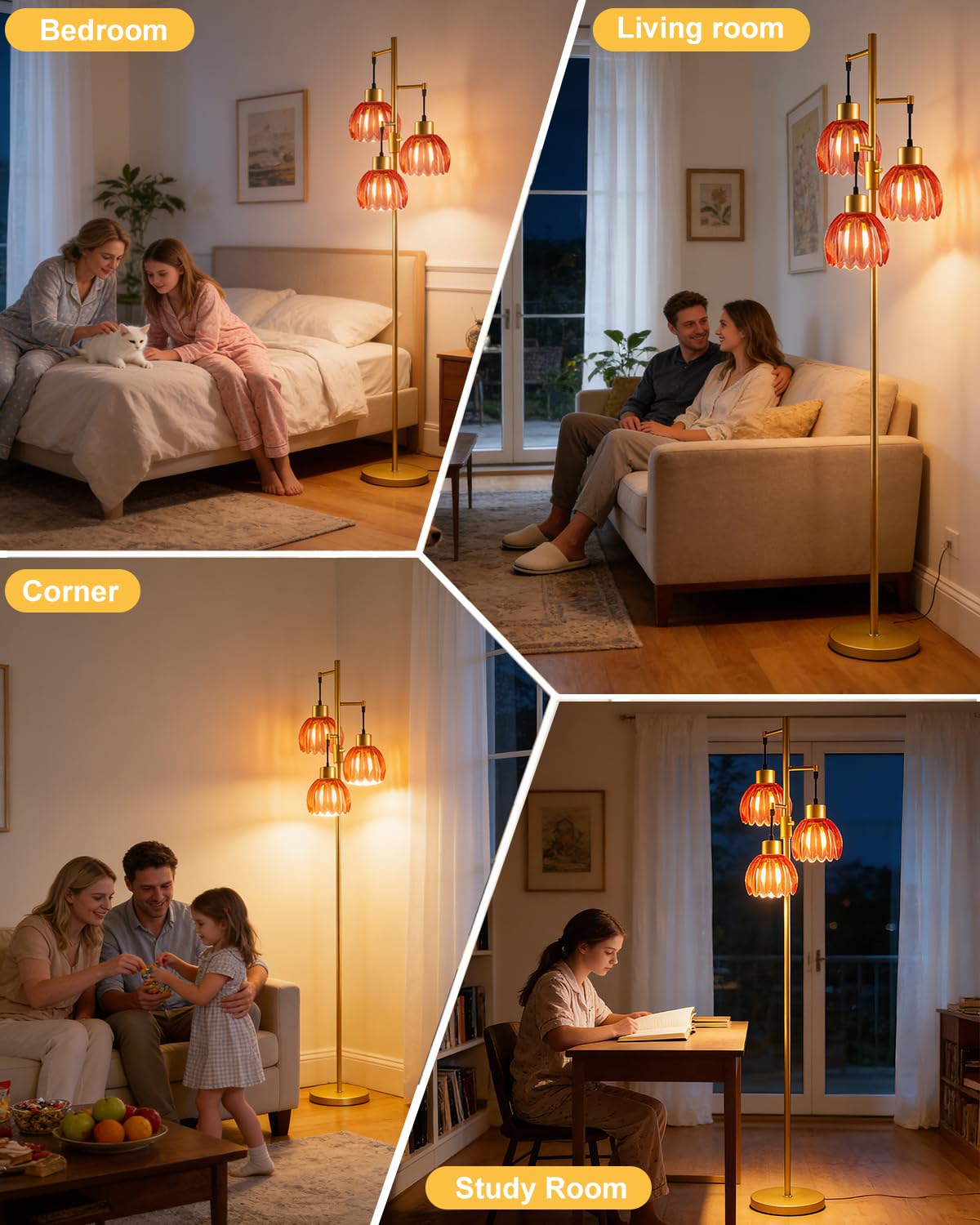 Glass Floor Lamp Red Lotus Flower Shade Dimmable Gold Floor Lamp (3 Deep Red Lotus-Gold)