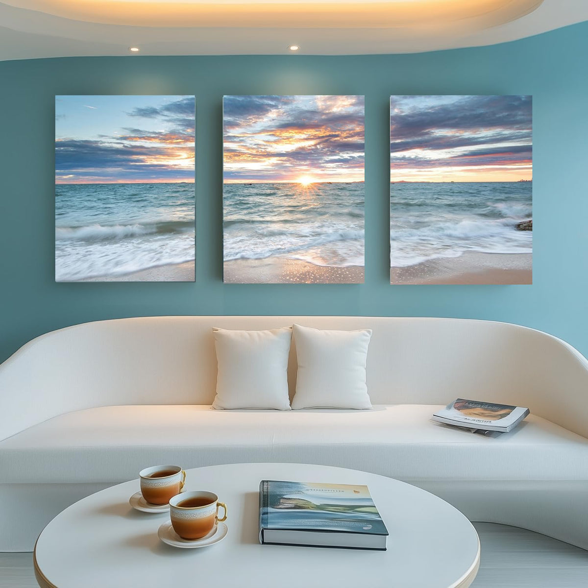 Living Room Wall Art Coastal Artwork Picture Beach Sunset Canvas Prints Painting 3 Panels Framed Ocean Room Decor for Bedroom Decor Bathroom Office Artwork Home Decorations (BAOceaY3 / 16"x24"inches x 3 pcs)