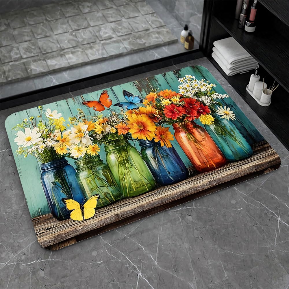 Bath Mat Bathroom Rug (Flowers Six Glass Jars / 20 x 31 inches)