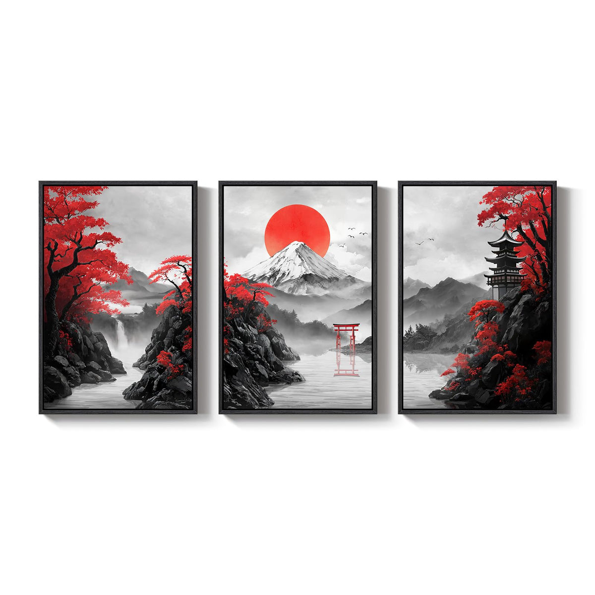 Large Framed Red Japanese Landscape Wall Art for Living Room (Red White / 24"L x 36"W)