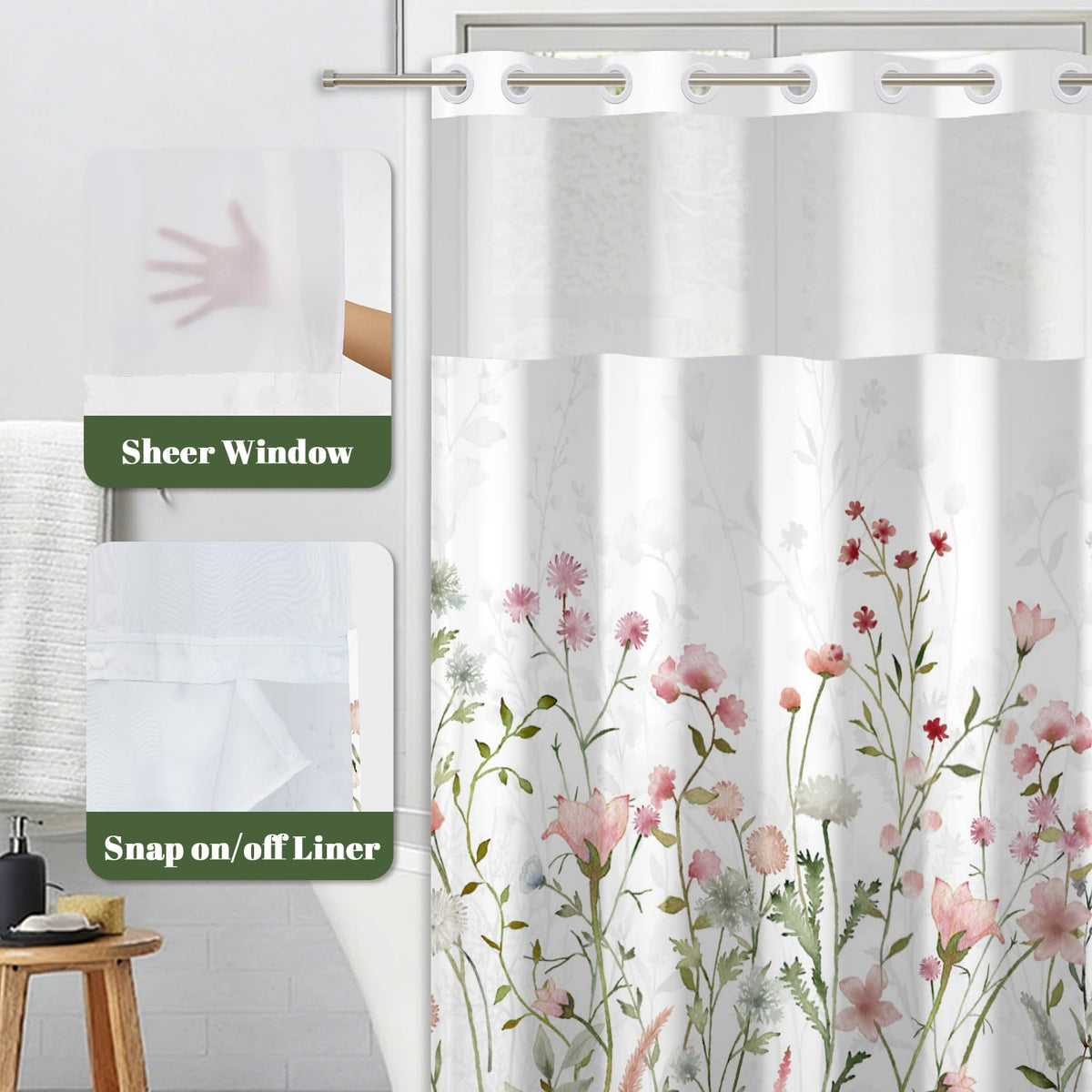 No Hook Shower Curtain with Snap in Liner (Pastel Floral)