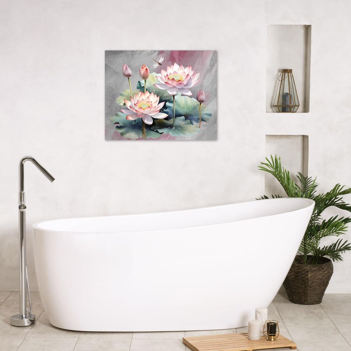 Zen Floral Pink Wall Art for Living Room Pink Water Lily Flower and Green Leaf Dragonfly Pictures Wall Decor Modern Spiritual Yoga Spa Framed Canvas Wall Art for Bedroom Bathroom (Pink / 8"L x 10"W)