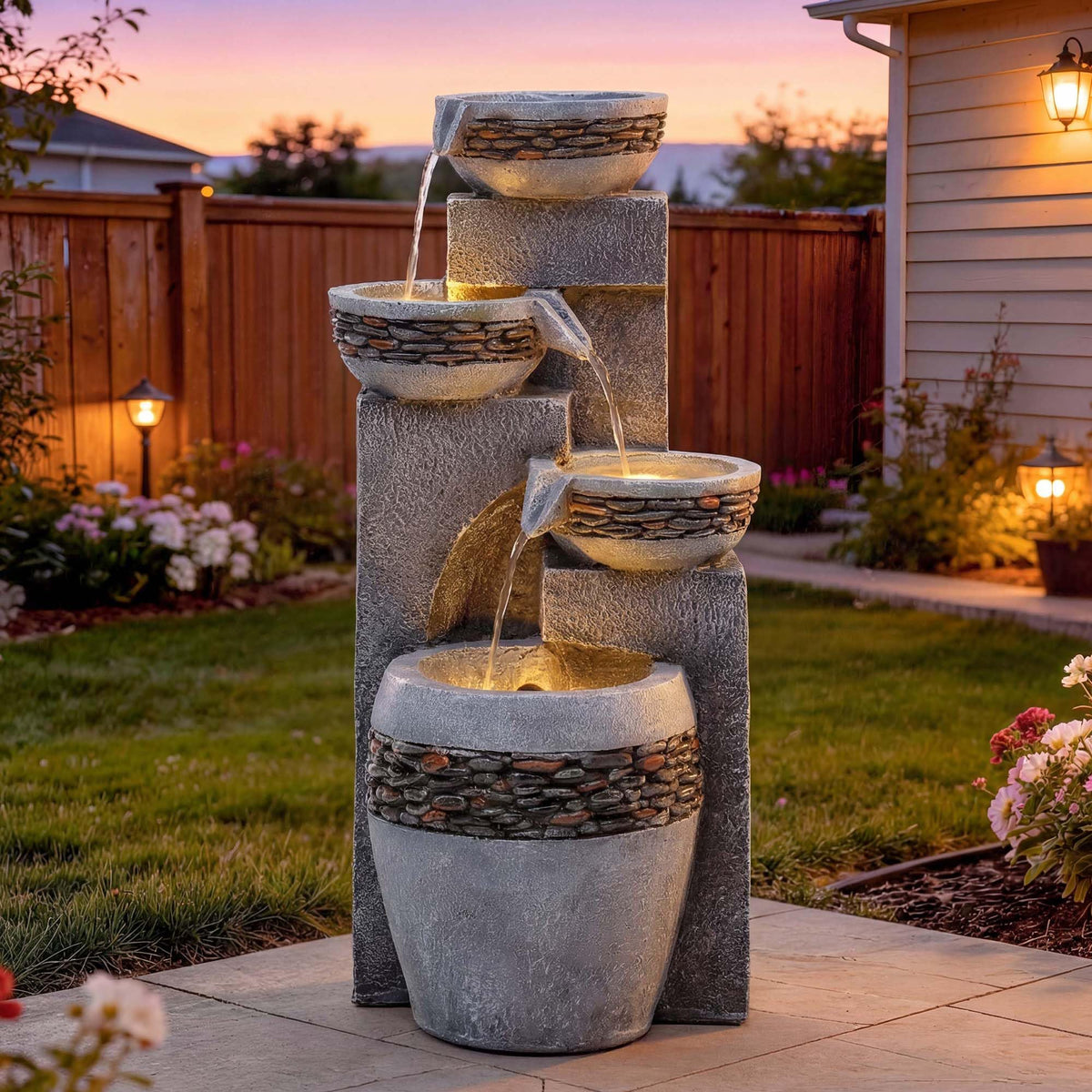 4 Tier Outdoor Water Fountain with Pebble Texture and LED Lights (Concrete-look)