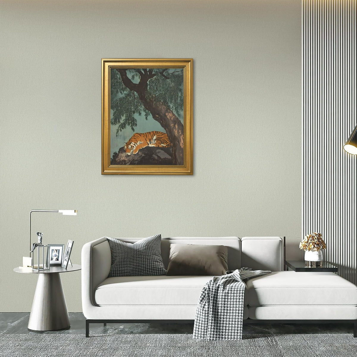 Gold Framed Vintage Tiger Wall Art Prints Retro Oriental Landscape Poster Asian Style Wildlife Canvas Painting Lazy Zen Tiger Under Ancient Tree Picture Artwork for Bedroom Home Decor 24x36inch (24"L x 36"W / Sleeping Tiger)