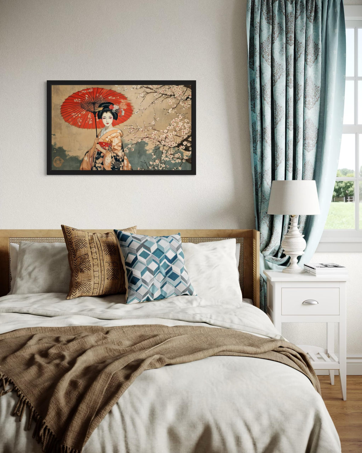 Geisha and Cherry Blossoms Black Framed Wall Art Print Poster (Geisha and Cherry Blossoms / 20"L x 16"W)