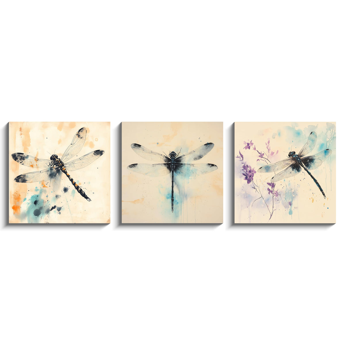 3Pcs Dragonfly Watercolor Wall Art Modern Nature Insect Floral Canvas Print Minimalist Teal Orange Black Ink Blue and Purple Splash Artwork Elegant Home Decor Living Room Bedroom Office (Watercolor Dragonfly / 12x12 inches (3 pieces))