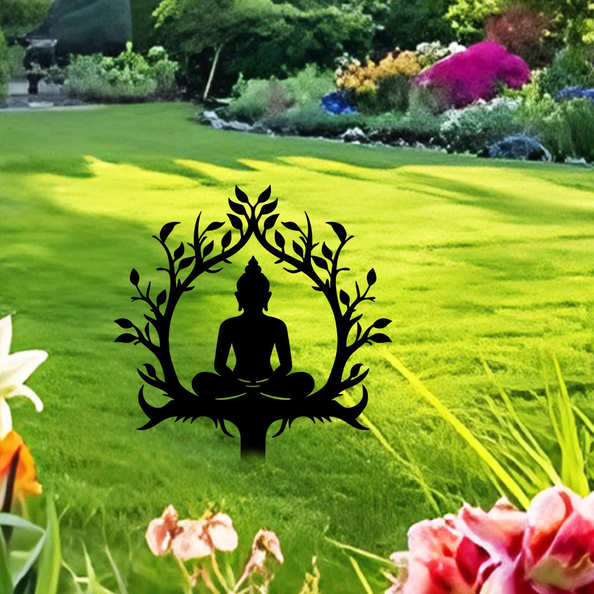 Zen Buddha Metal Garden Stake Decor (Black)