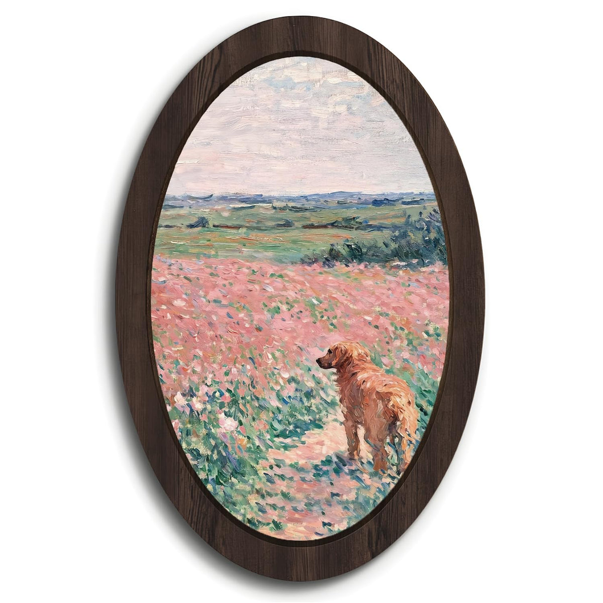 Monet Inspired Pink Floral Golden Retriever Dog Oval Wall Art (field dog)
