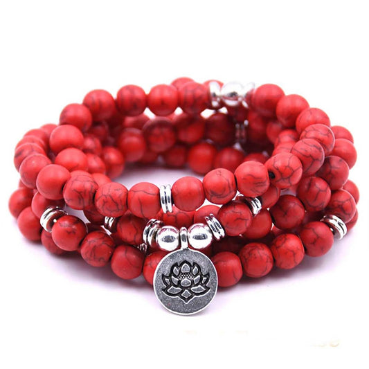 108 Mala Beads Bracelet Necklace (Red Turquoise)