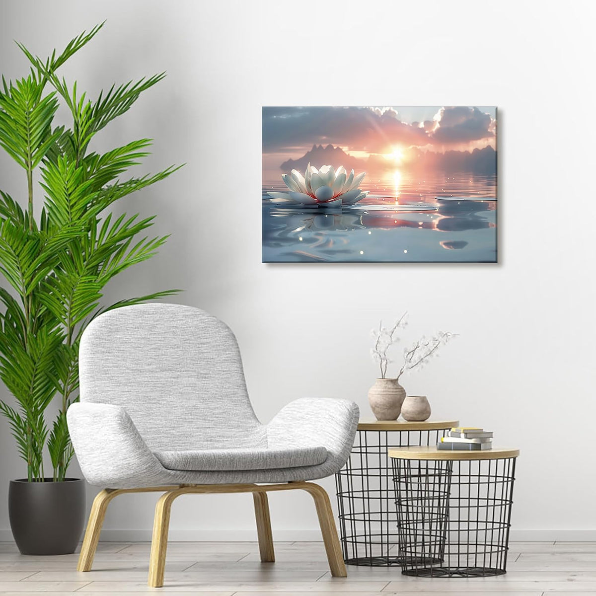 Zen White Lotus Wall Art Sunrise Meditation Canvas Wall Decor Spa Yoga Still Life Painting Prints Relaxing Spiritual Just Breathe Aesthetic Posters Pictures Modern Spiritual Inspiration Framed (12"L x 16"W / Canvas)
