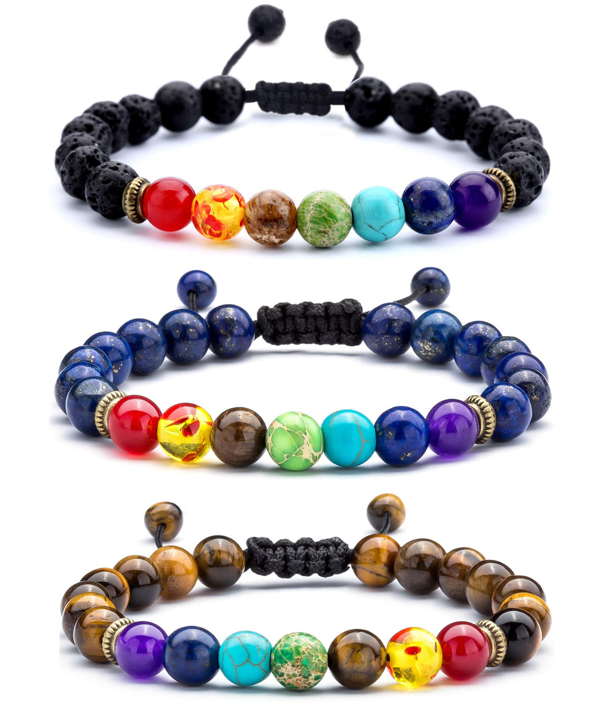 Men Women 8mm Lava Rock 7 Chakras Diffuser Bracelet Braided Rope Natural Stone Yoga Beads Bracelet Bangle (3 Pcs Set 2-21004)